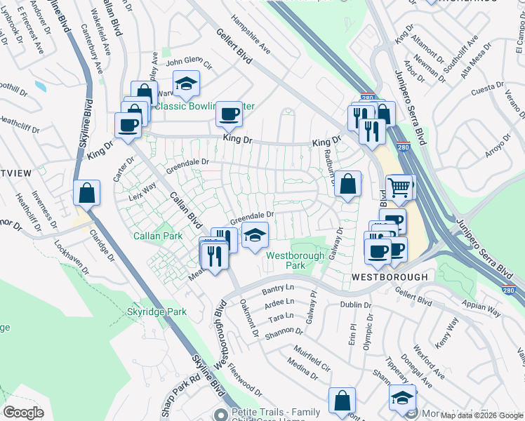 map of restaurants, bars, coffee shops, grocery stores, and more near 3730 Bettman Way in South San Francisco