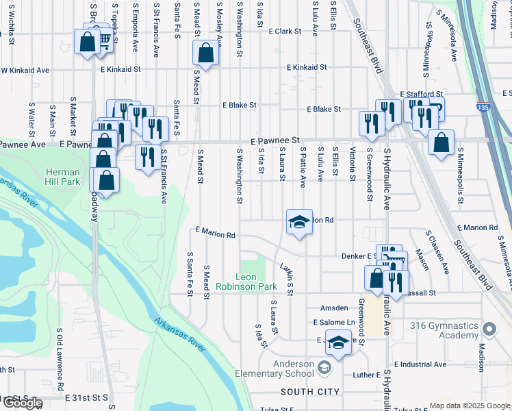 map of restaurants, bars, coffee shops, grocery stores, and more near 2526 Washington South in Wichita