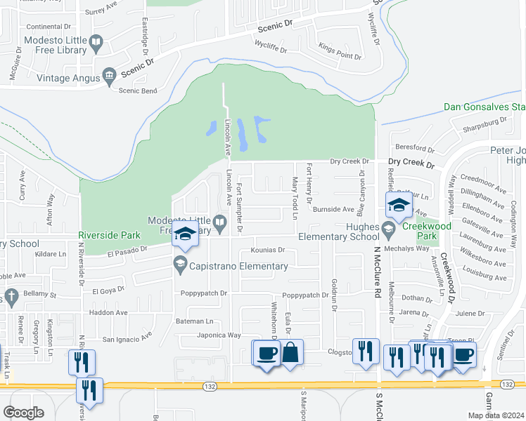 map of restaurants, bars, coffee shops, grocery stores, and more near 3032 Independence Way in Modesto