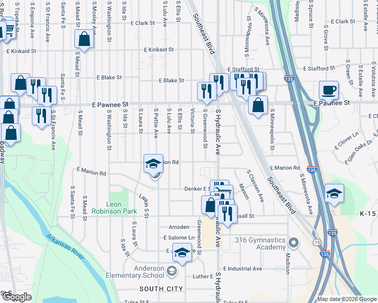 map of restaurants, bars, coffee shops, grocery stores, and more near 2528 Ellis South in Wichita