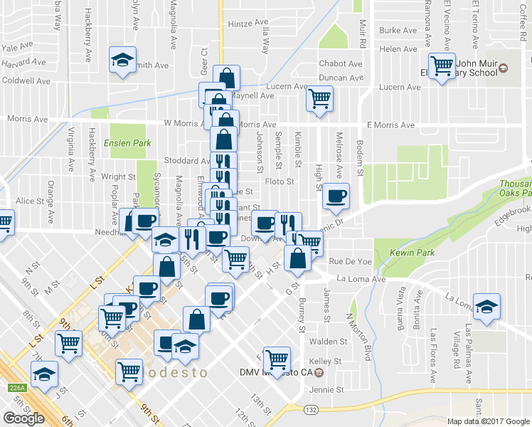 map of restaurants, bars, coffee shops, grocery stores, and more near 203 Jones Street in Modesto