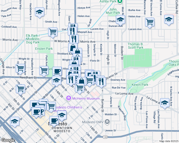 map of restaurants, bars, coffee shops, grocery stores, and more near 203 Jones Street in Modesto