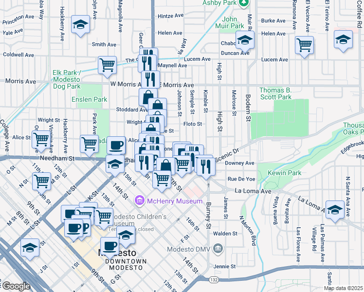 map of restaurants, bars, coffee shops, grocery stores, and more near 203 Jones Street in Modesto