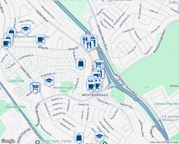 map of restaurants, bars, coffee shops, grocery stores, and more near 2220 Gellert Boulevard in South San Francisco