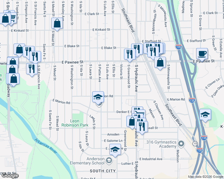 map of restaurants, bars, coffee shops, grocery stores, and more near 2528 Ellis South in Wichita