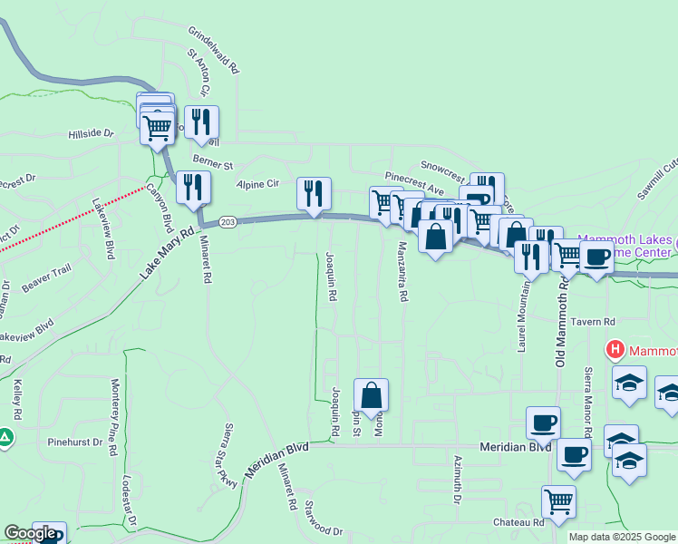map of restaurants, bars, coffee shops, grocery stores, and more near 104 Joaquin Road in Mammoth Lakes