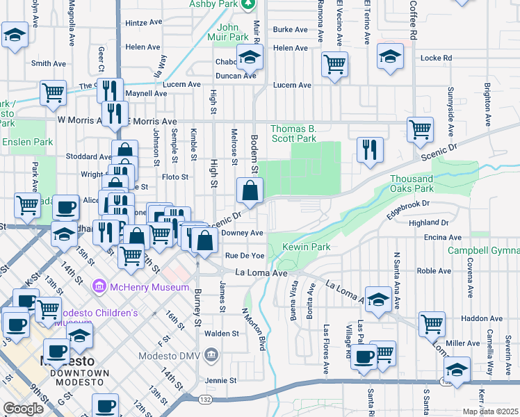 map of restaurants, bars, coffee shops, grocery stores, and more near in Modesto