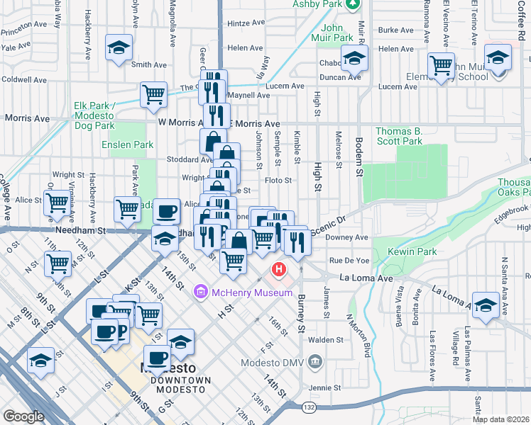 map of restaurants, bars, coffee shops, grocery stores, and more near 215 Johnson Street in Modesto