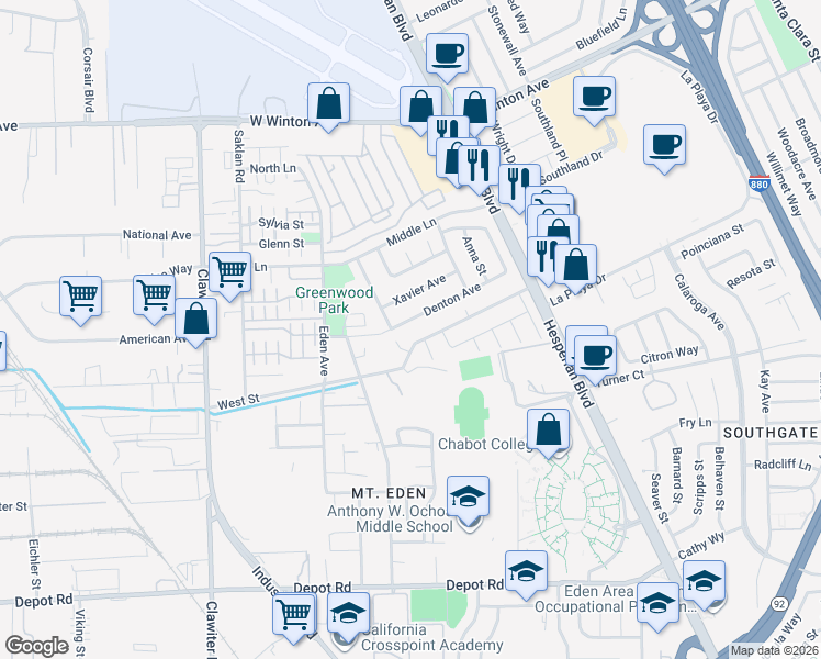 map of restaurants, bars, coffee shops, grocery stores, and more near 1378 Denton Avenue in Hayward