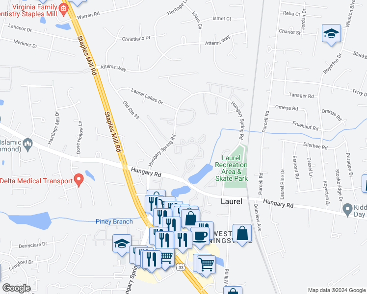 map of restaurants, bars, coffee shops, grocery stores, and more near 9389 Horse Castle Court in Glen Allen