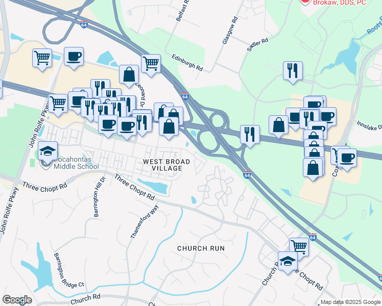 map of restaurants, bars, coffee shops, grocery stores, and more near WFM Village Garden Path in Richmond