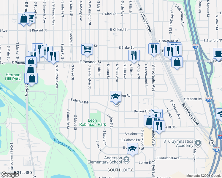 map of restaurants, bars, coffee shops, grocery stores, and more near 2519 South Pattie Street in Wichita