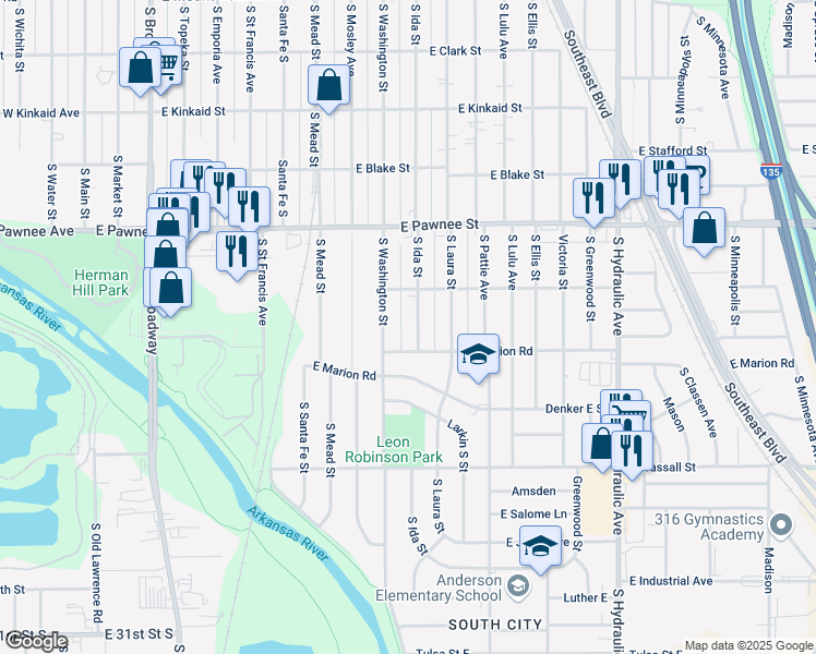 map of restaurants, bars, coffee shops, grocery stores, and more near 2526 Washington South in Wichita