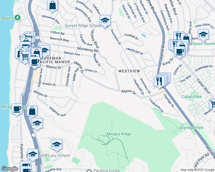 map of restaurants, bars, coffee shops, grocery stores, and more near 487 Manor Drive in Pacifica
