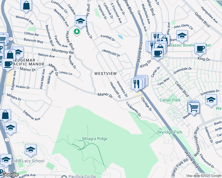 map of restaurants, bars, coffee shops, grocery stores, and more near 532 Heathcliff Drive in Pacifica
