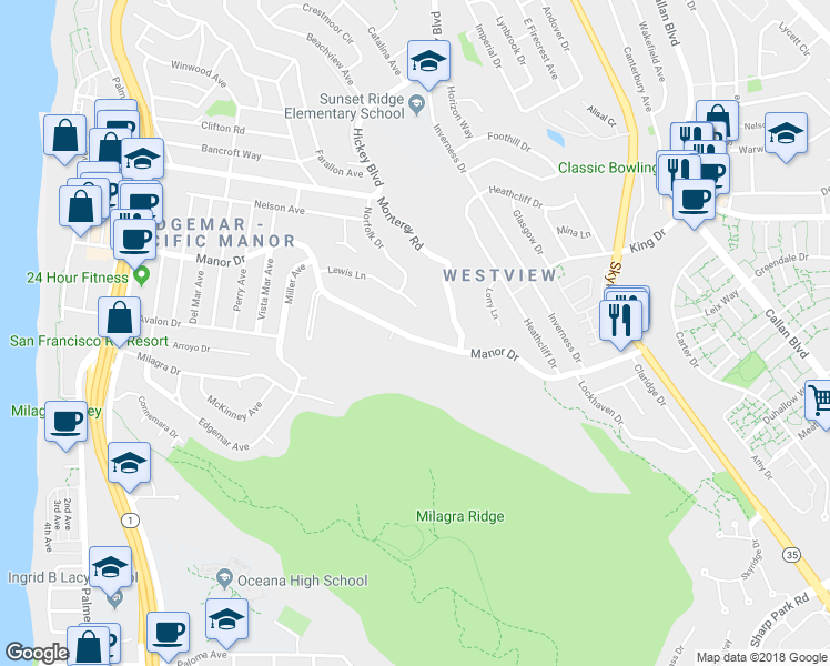 map of restaurants, bars, coffee shops, grocery stores, and more near 487 Manor Drive in Pacifica