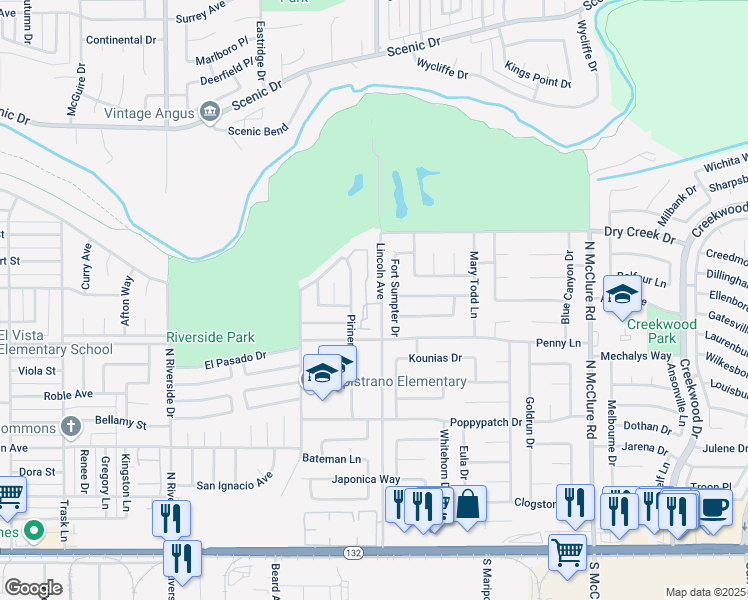 map of restaurants, bars, coffee shops, grocery stores, and more near 537 Lincoln Avenue in Modesto