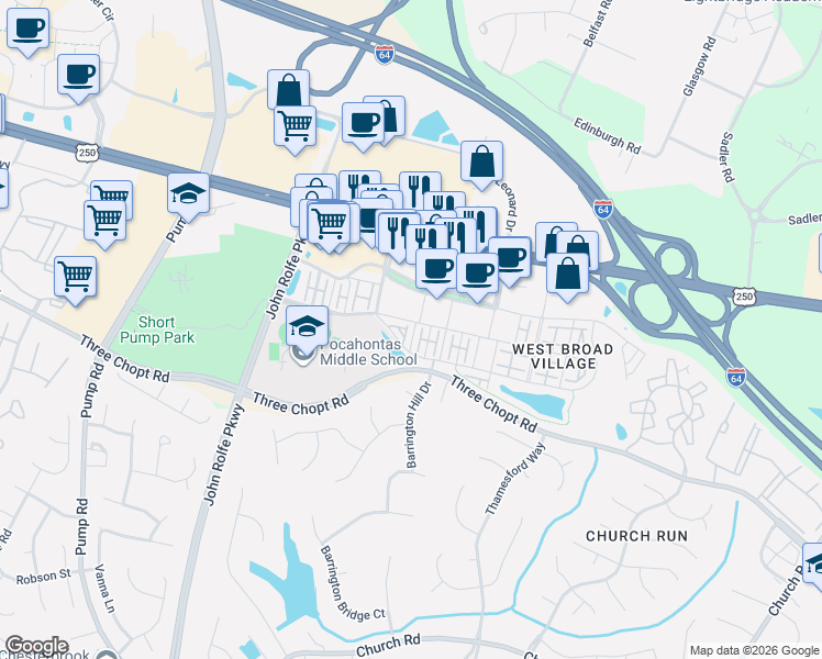 map of restaurants, bars, coffee shops, grocery stores, and more near 2415 Liesfeld Parkway in Glen Allen