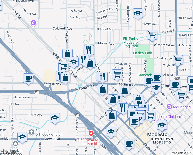 map of restaurants, bars, coffee shops, grocery stores, and more near 123 College Avenue in Modesto