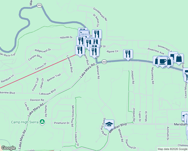 map of restaurants, bars, coffee shops, grocery stores, and more near 5857 Minaret Road in Mammoth Lakes