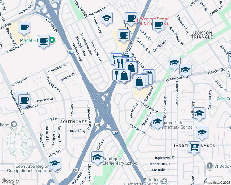 map of restaurants, bars, coffee shops, grocery stores, and more near 25755 Booker Way in Hayward