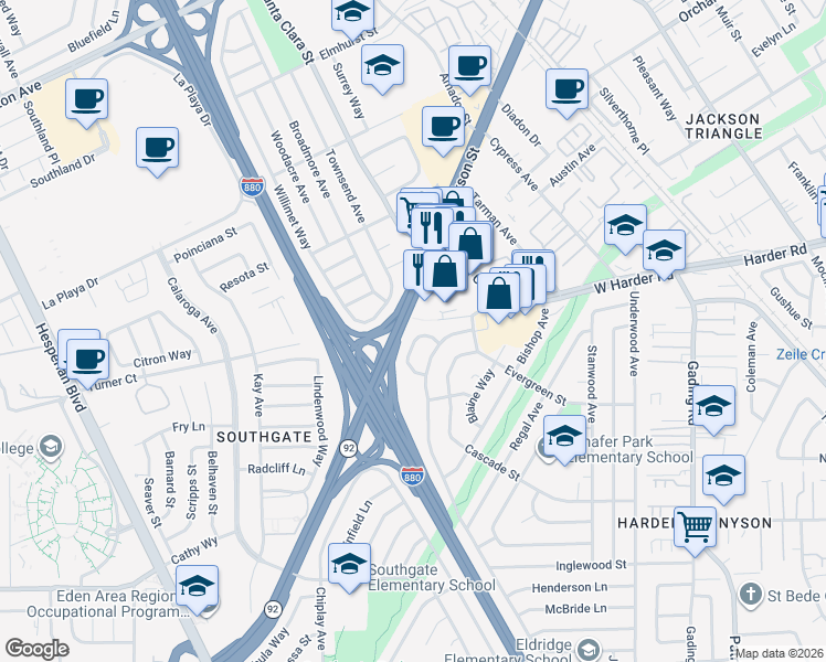 map of restaurants, bars, coffee shops, grocery stores, and more near 25755 Booker Way in Hayward