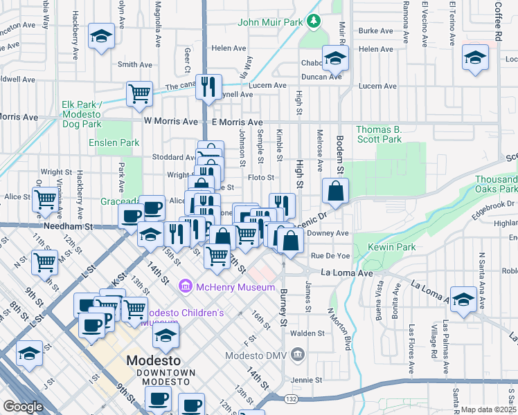 map of restaurants, bars, coffee shops, grocery stores, and more near 203 Semple Street in Modesto