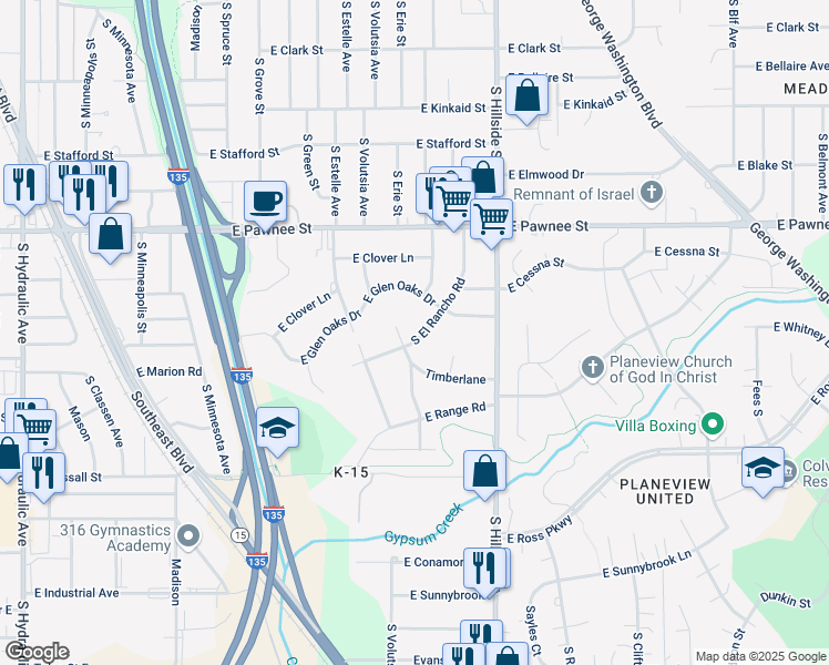 map of restaurants, bars, coffee shops, grocery stores, and more near 2625 South El Rancho in Wichita