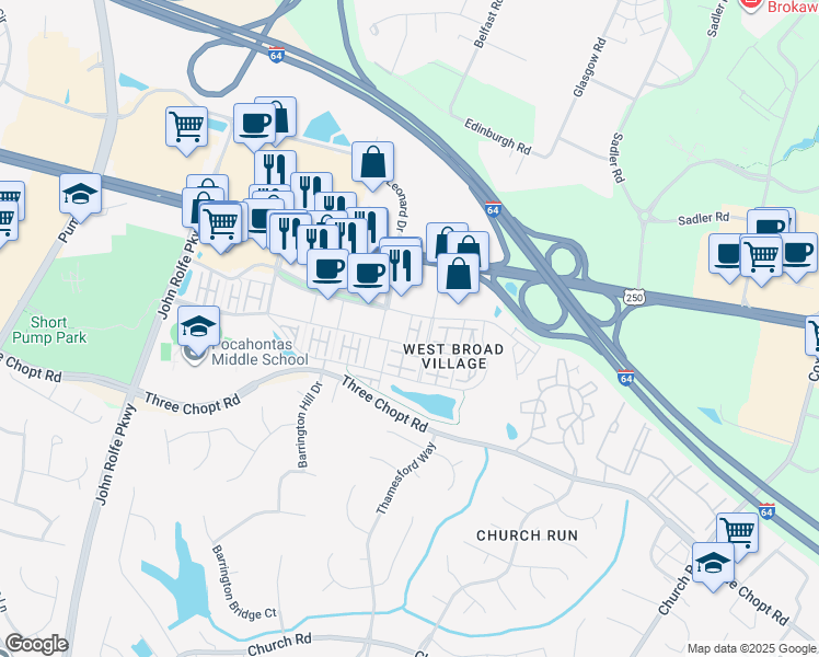 map of restaurants, bars, coffee shops, grocery stores, and more near Strolling Ln in Henrico