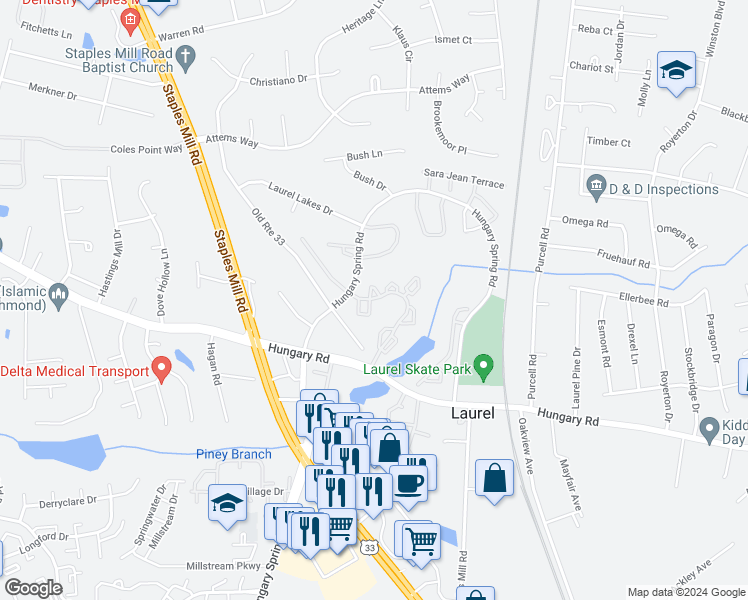 map of restaurants, bars, coffee shops, grocery stores, and more near 9398 Wind Haven Court in Glen Allen