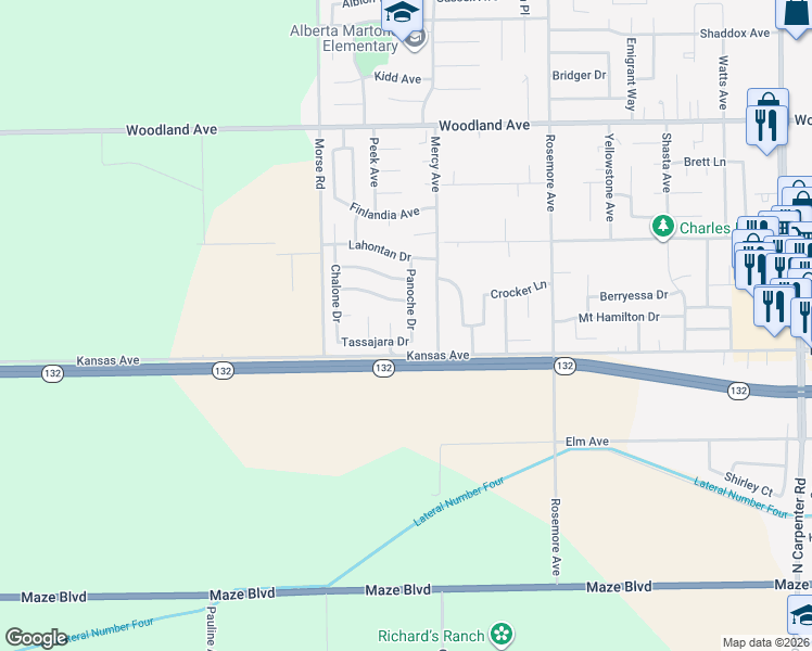 map of restaurants, bars, coffee shops, grocery stores, and more near 813 Panoche Drive in Modesto
