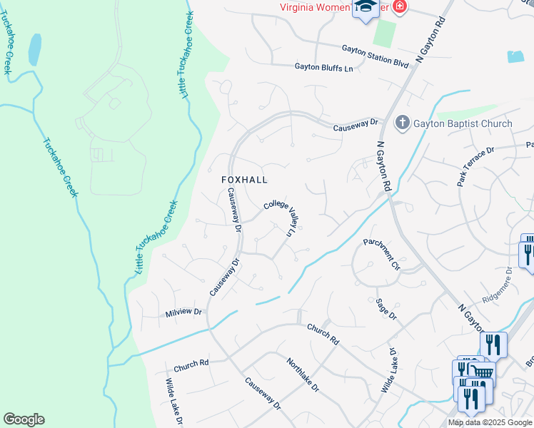 map of restaurants, bars, coffee shops, grocery stores, and more near 13418 College Valley Lane in Richmond