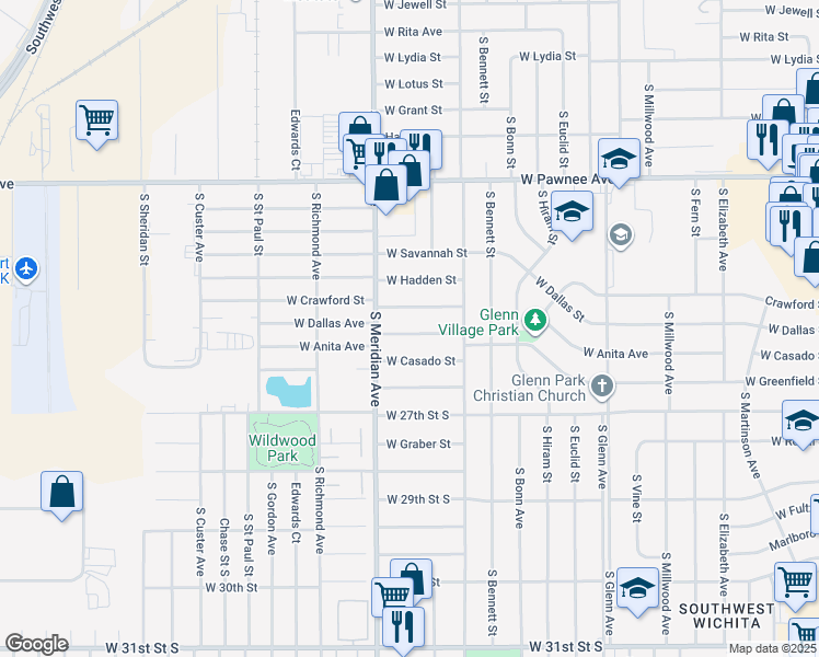 map of restaurants, bars, coffee shops, grocery stores, and more near 2326 West Dallas Street in Wichita