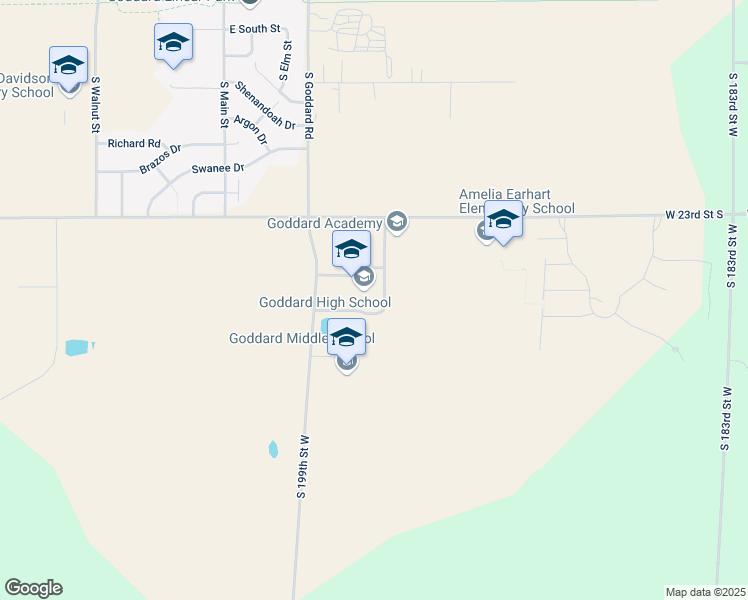 map of restaurants, bars, coffee shops, grocery stores, and more near 2500 South 199th Street West in Goddard