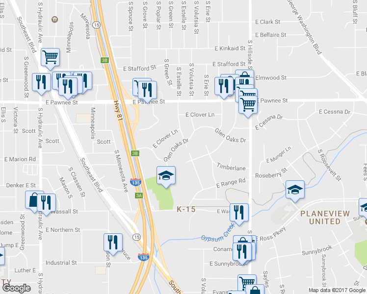 map of restaurants, bars, coffee shops, grocery stores, and more near 2645 Glen Oaks Drive in Wichita