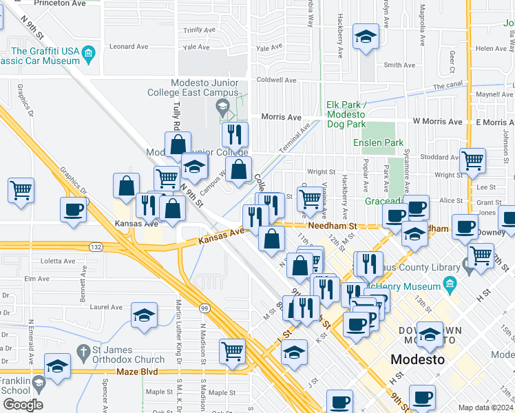 map of restaurants, bars, coffee shops, grocery stores, and more near 126 College Avenue in Modesto