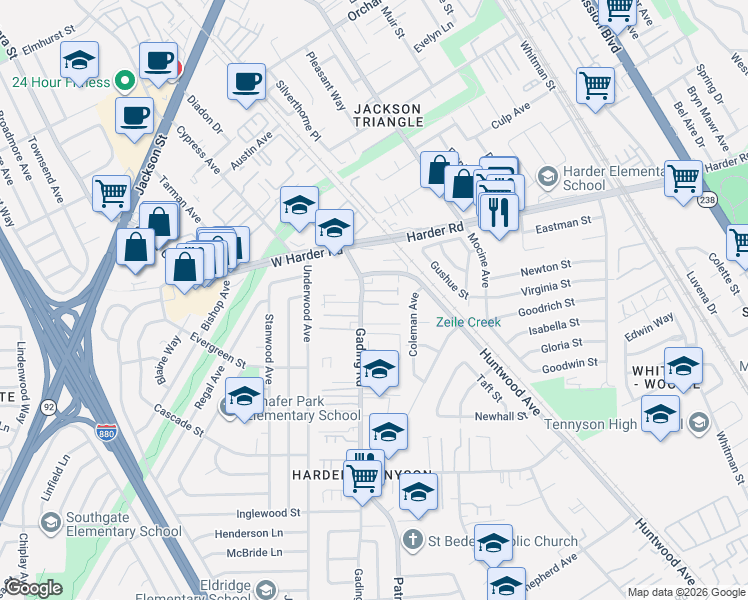 map of restaurants, bars, coffee shops, grocery stores, and more near 25906 Gading Road in Hayward