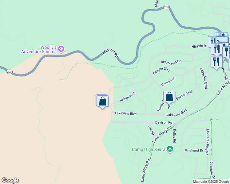 map of restaurants, bars, coffee shops, grocery stores, and more near 895 Canyon Boulevard in Mammoth Lakes