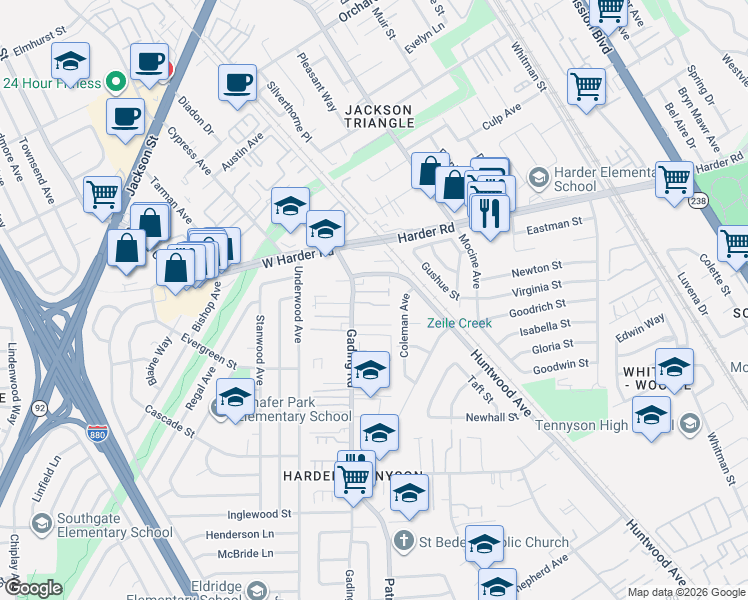 map of restaurants, bars, coffee shops, grocery stores, and more near 25942 Gading Court in Hayward