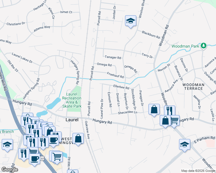 map of restaurants, bars, coffee shops, grocery stores, and more near 9720 Esmont Road in Richmond