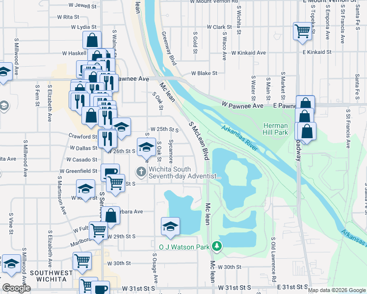 map of restaurants, bars, coffee shops, grocery stores, and more near 517 W Aspen St in Wichita