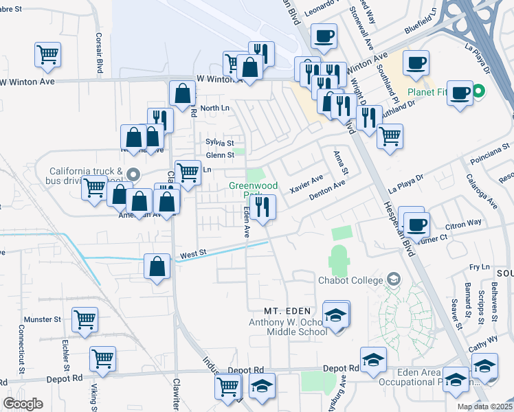 map of restaurants, bars, coffee shops, grocery stores, and more near 24208 Nora Circle in Hayward