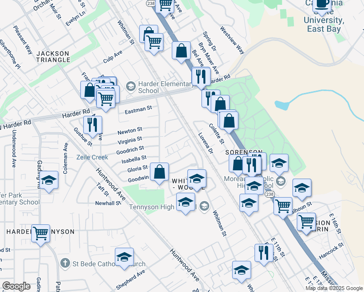 map of restaurants, bars, coffee shops, grocery stores, and more near 582 Cottage Park Drive in Hayward