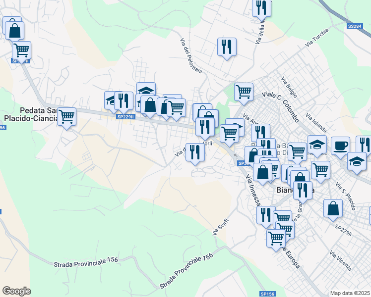 map of restaurants, bars, coffee shops, grocery stores, and more near Via dei Mandorli in Biancavilla