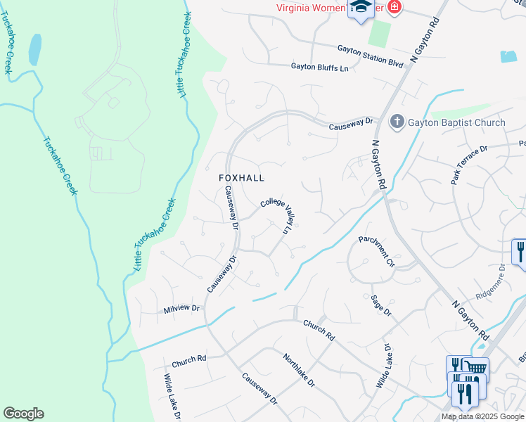 map of restaurants, bars, coffee shops, grocery stores, and more near 13418 College Valley Lane in Richmond