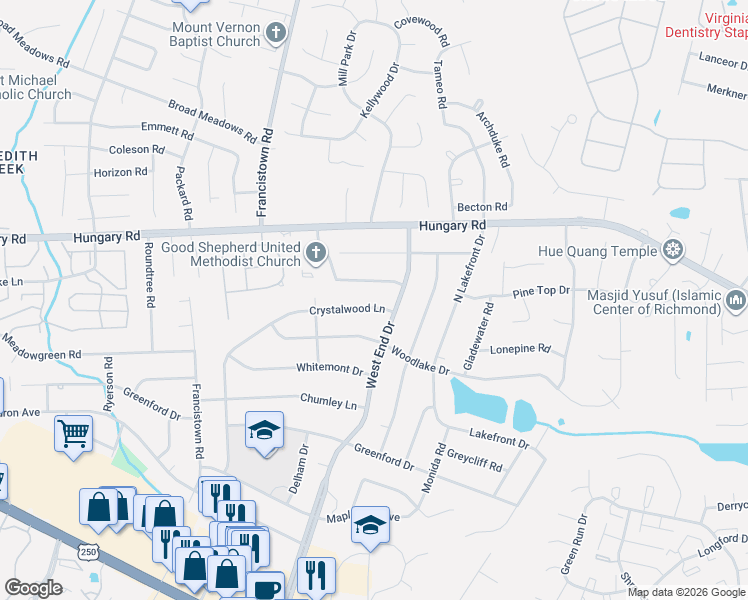 map of restaurants, bars, coffee shops, grocery stores, and more near 9104 Crystalwood Lane in Richmond