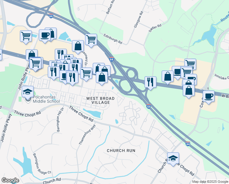 map of restaurants, bars, coffee shops, grocery stores, and more near WFM Village Garden Path in Richmond