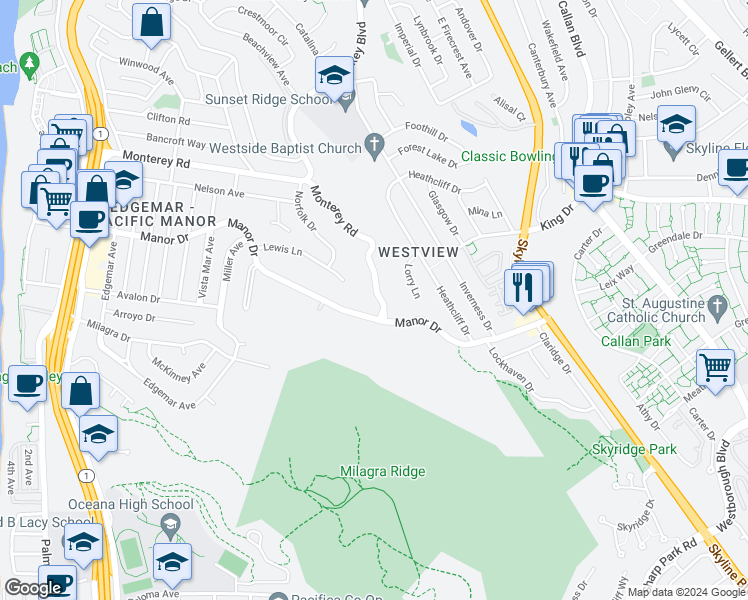 map of restaurants, bars, coffee shops, grocery stores, and more near in Pacifica