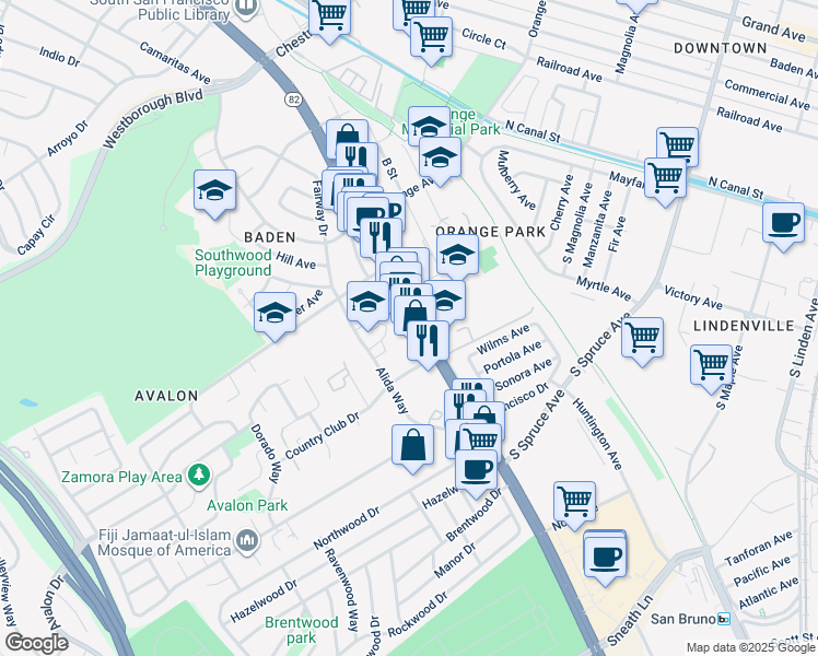 map of restaurants, bars, coffee shops, grocery stores, and more near 465 El Camino Real in South San Francisco