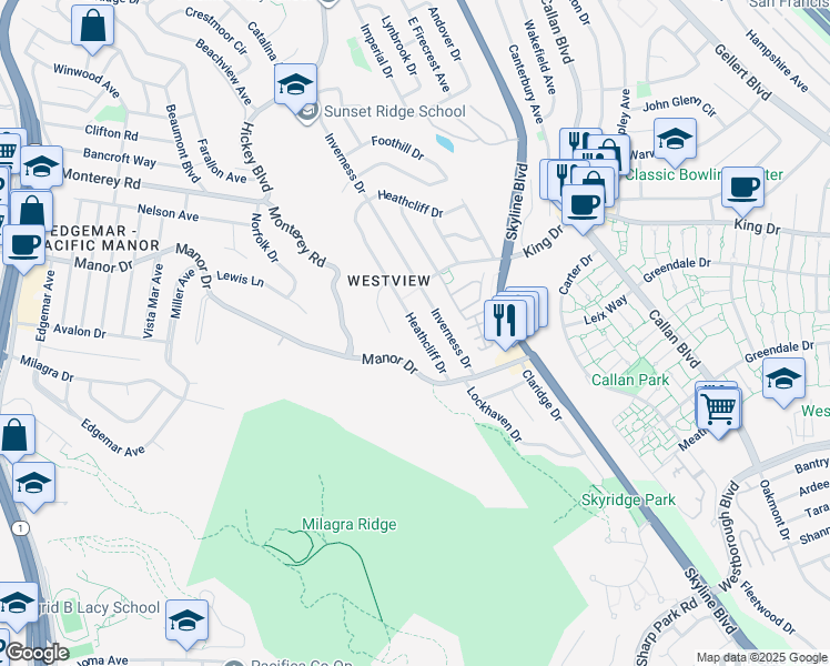 map of restaurants, bars, coffee shops, grocery stores, and more near 532 Heathcliff Drive in Pacifica